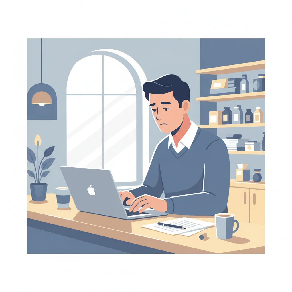 A stressed-out but hopeful small business owner looking at their laptop in their shop.