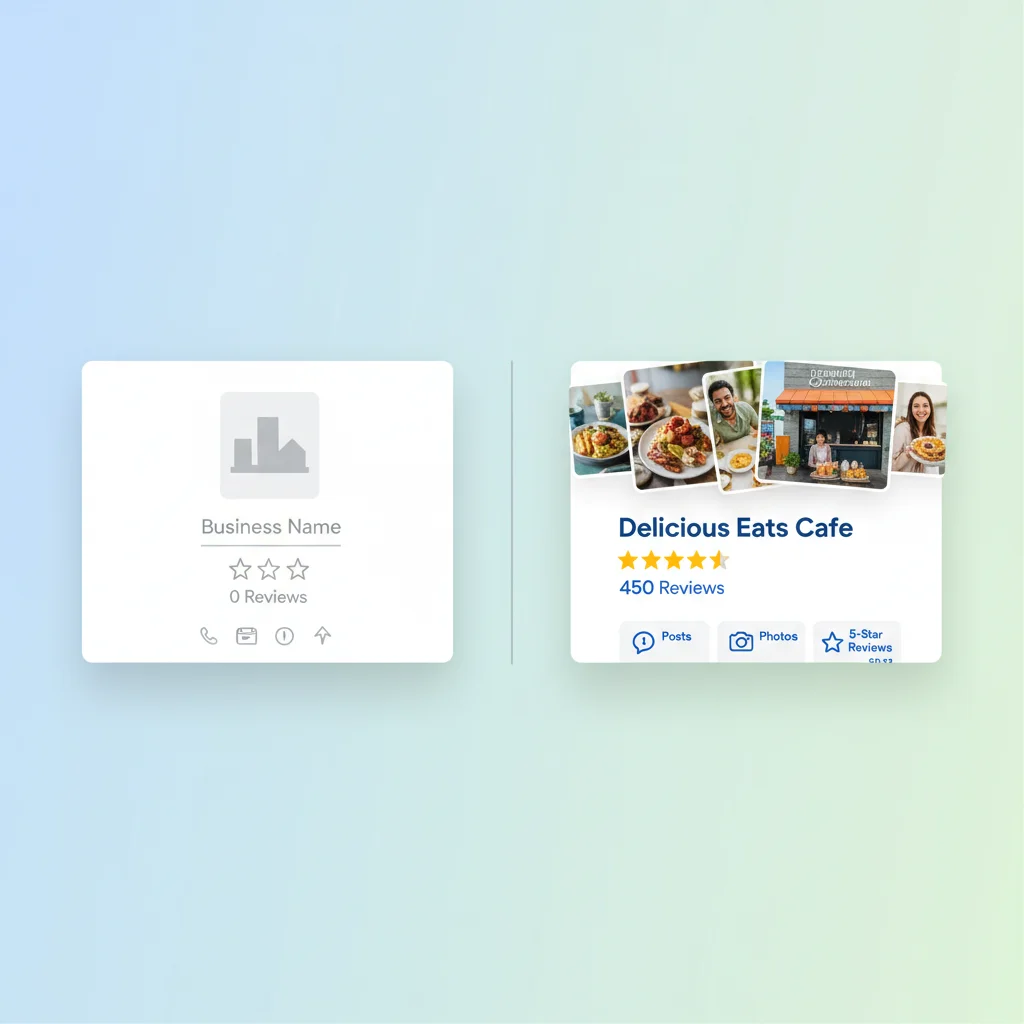 A side-by-side comparison of a barebones Google Business Profile and a fully optimized one with lots of photos, posts, and 5-star reviews.