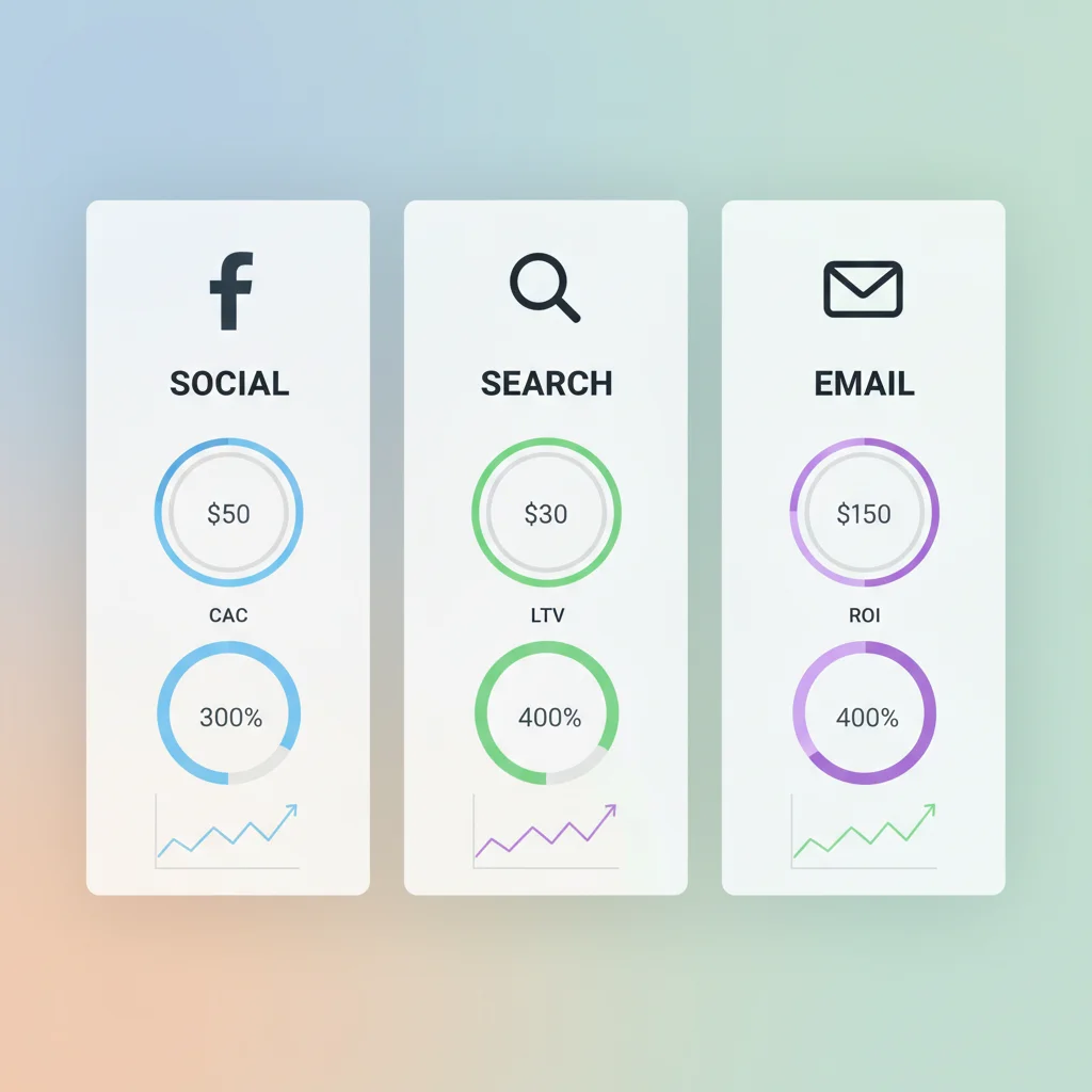 A dashboard showing a side-by-side comparison of different channels (Social, Search, Email) with key metrics like CAC, LTV, and ROI for each