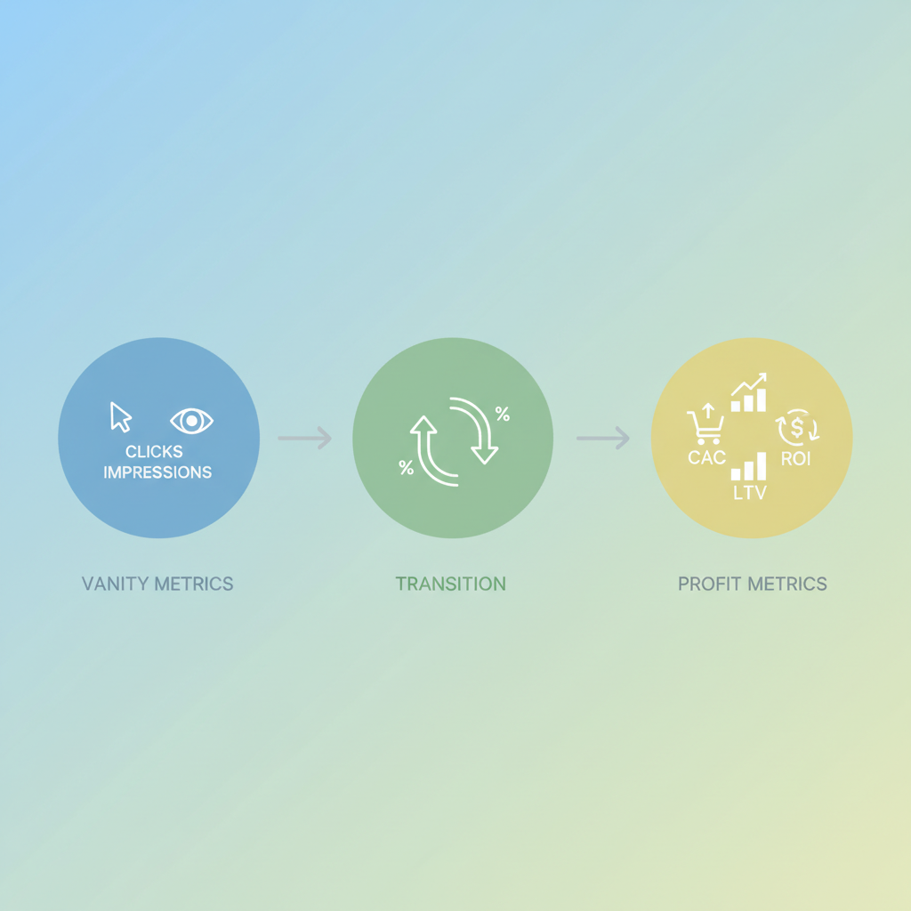 A visual diagram showing the shift from vanity metrics (clicks, impressions) to profit metrics (CAC, LTV, ROI)