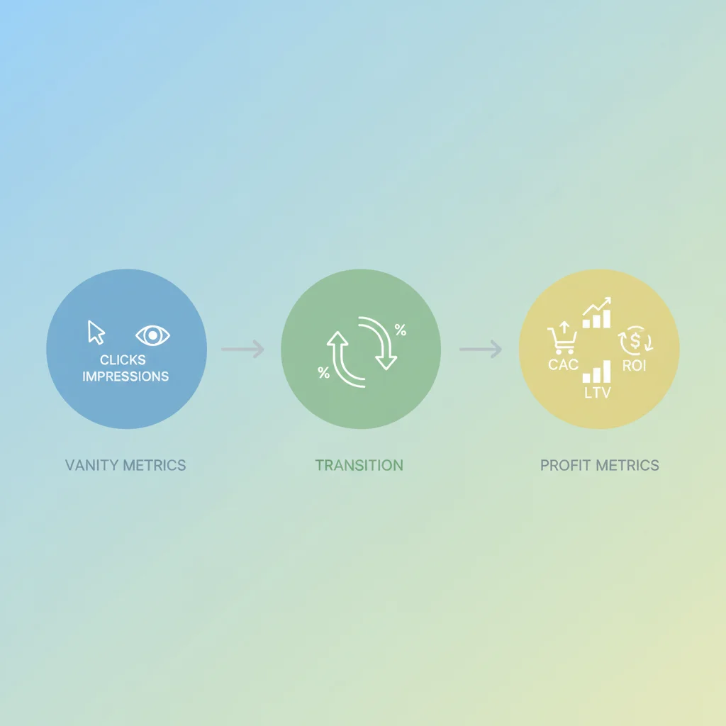 A visual diagram showing the shift from vanity metrics (clicks, impressions) to profit metrics (CAC, LTV, ROI)