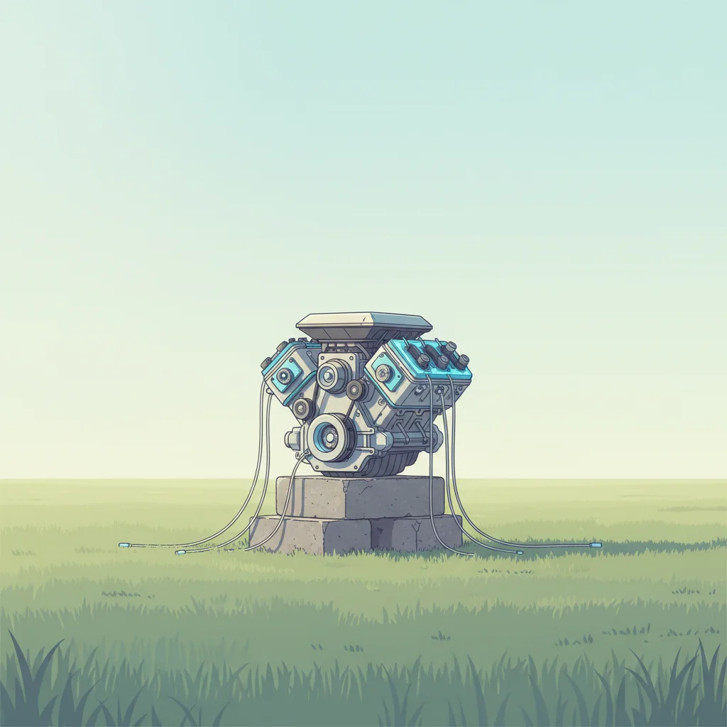 A powerful sports car engine sitting on cinder blocks in a field, representing a sophisticated AI model without proper data or infrastructure.