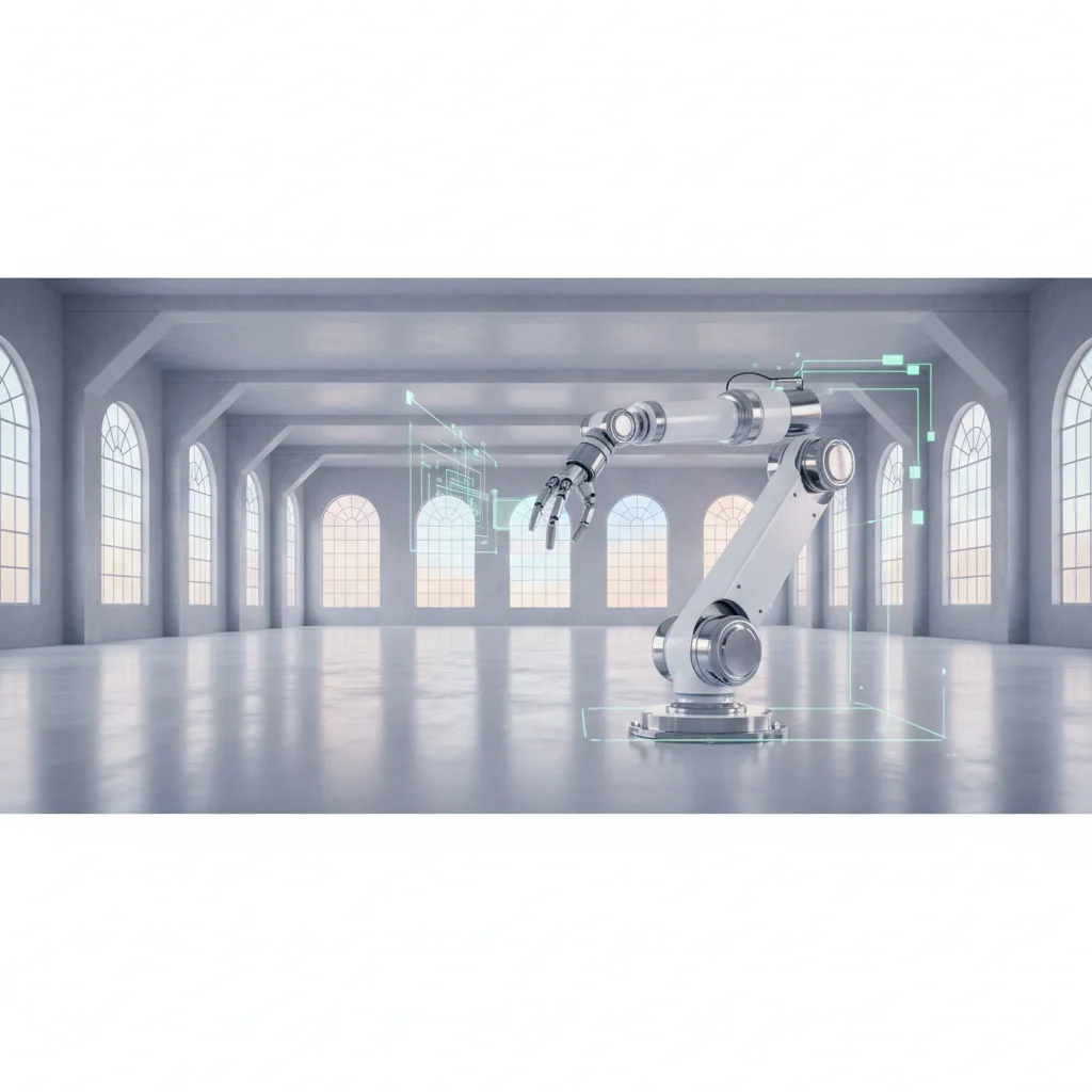A single, sophisticated robot arm in a vast, empty factory, symbolizing an AI agent being tested in isolation.