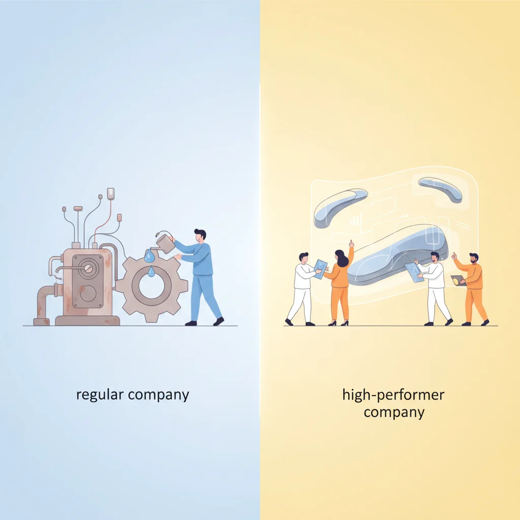 A split-screen showing a regular company oiling a single gear, while a high-performer company is redesigning the entire machine.