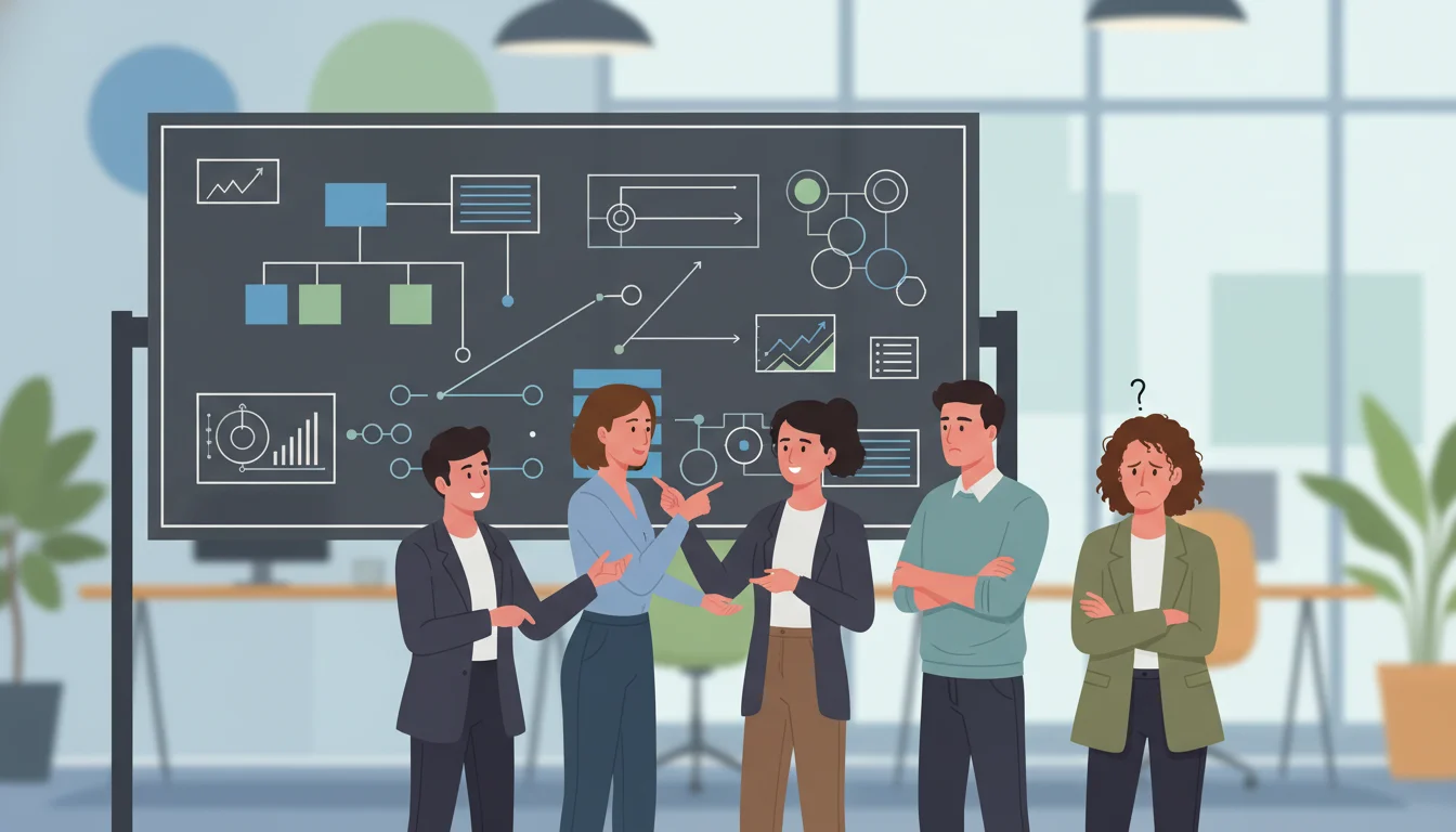 A team of people in a modern office looking at a whiteboard with complex diagrams, but one person has a confused and skeptical expression.