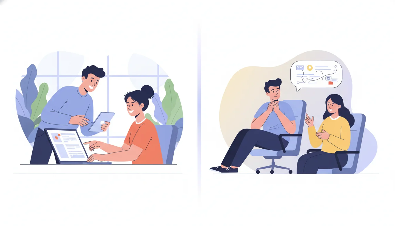 A split-screen image. On the left, a researcher is excitedly demoing a product on a laptop to a user. On the right, a researcher is leaning back, listening intently as a user tells a story.