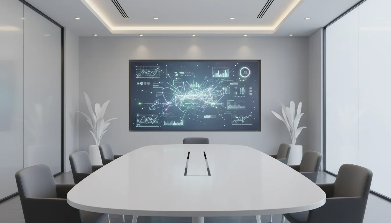A modern, sleek office meeting room with a large screen showing complex data visualizations in the background.