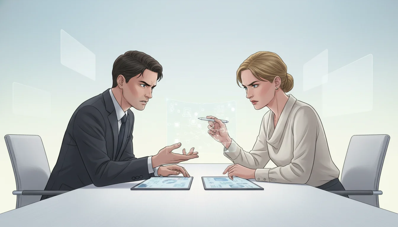 A close-up shot of two people sitting across a table in a focused, serious conversation.