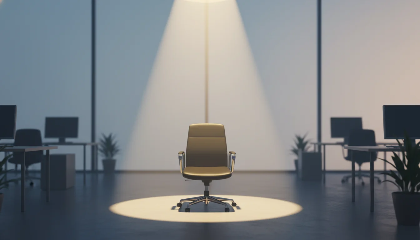 A single empty office chair under a spotlight in an otherwise dark, modern office.