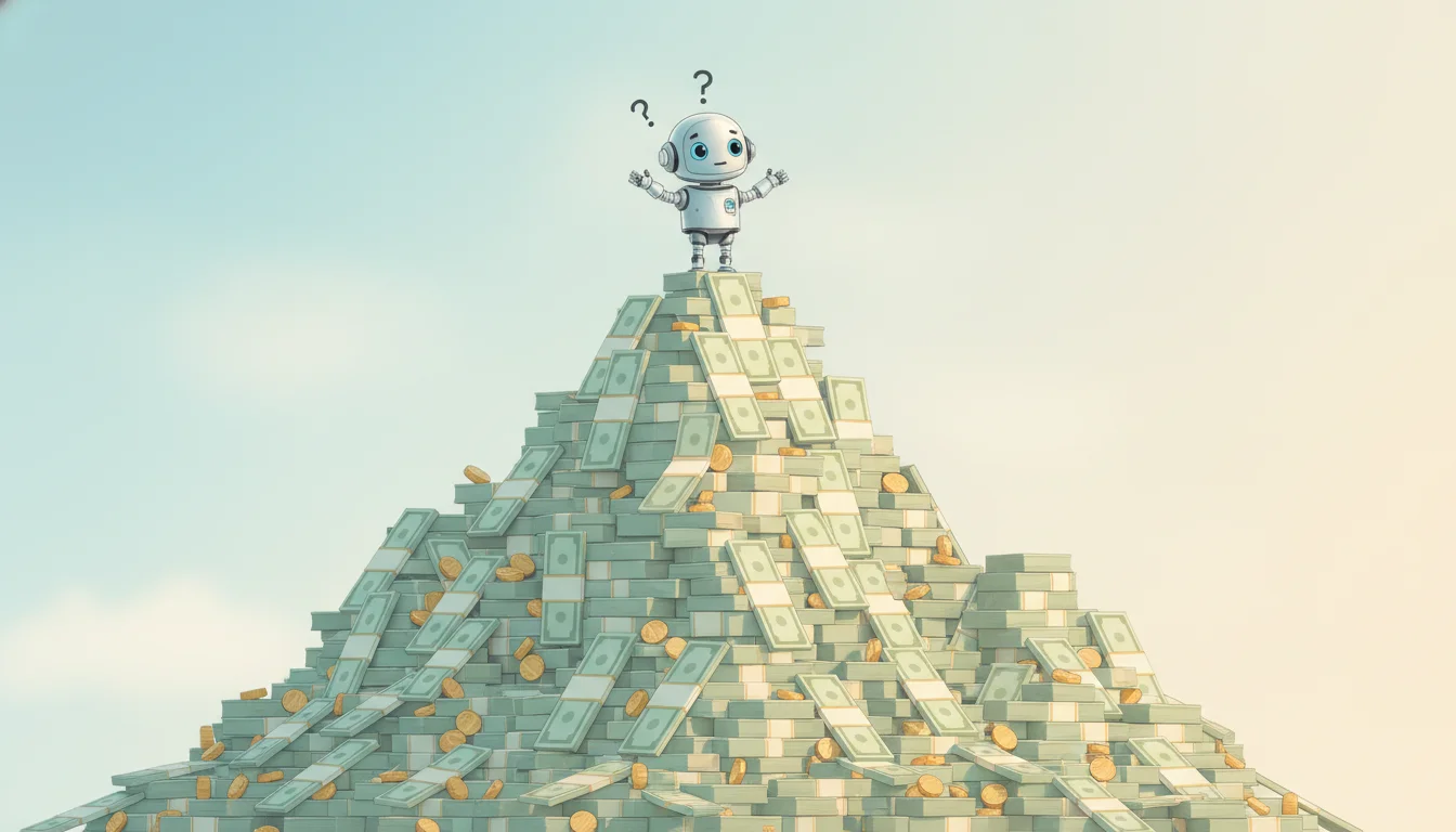 A mountain of cash with a small, confused-looking robot sitting on top, shrugging.