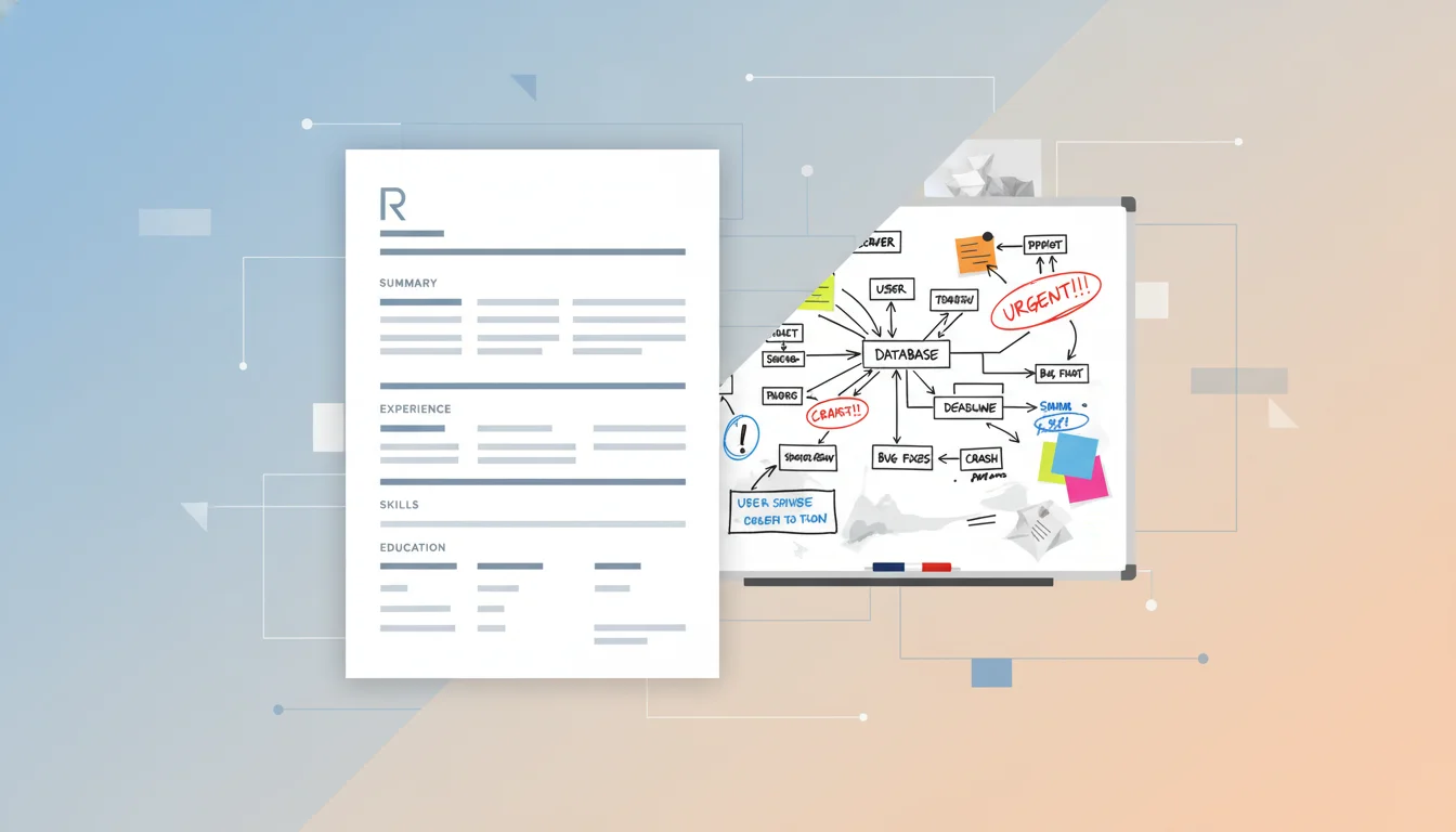 A sleek, perfectly designed resume on one side, contrasted with a chaotic, messy whiteboard full of urgent notes and system diagrams on the other.