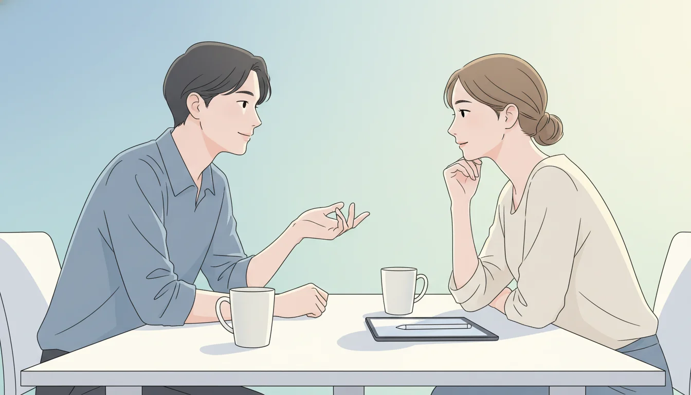 A close-up shot of two people having a calm, focused conversation across a simple office table.