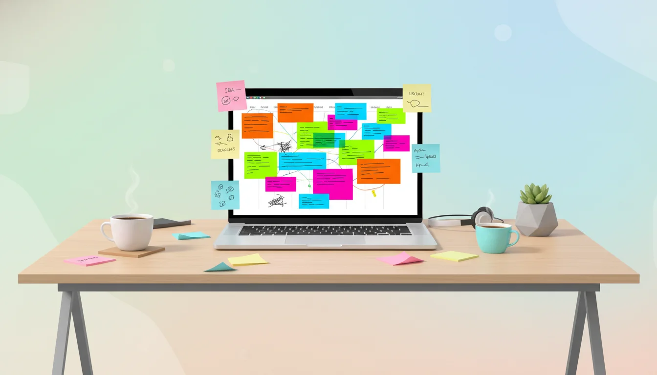 A sleek, modern desk with a laptop open to a colorful but chaotic content calendar, surrounded by sticky notes and half-empty coffee cups.