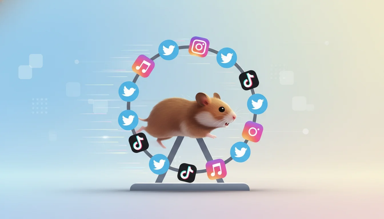 A hamster running frantically on a wheel made of social media icons like Instagram, TikTok, and Twitter.
