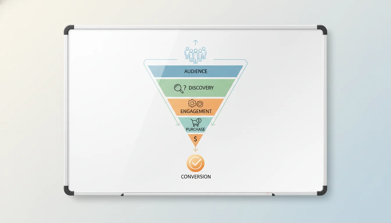 A clean, organized whiteboard showing a strategic funnel, from 'Audience' at the top to 'Conversion' at the bottom.