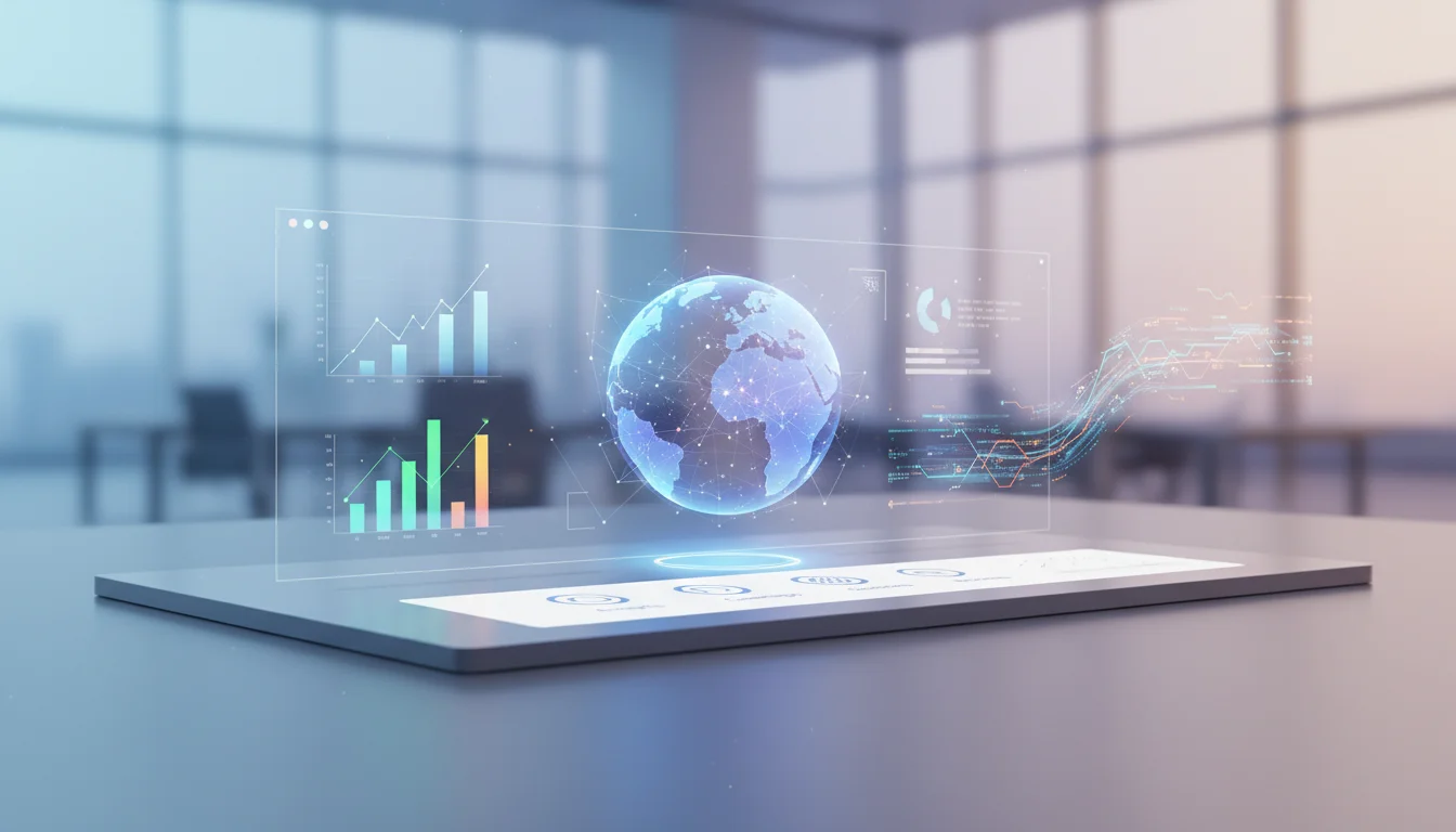 A futuristic digital marketing dashboard with glowing holographic charts and data streams.