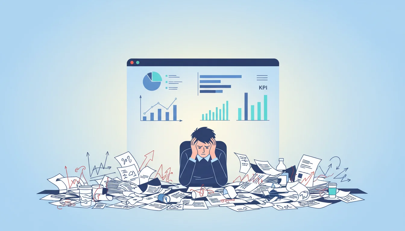 A marketer looking stressed, surrounded by messy charts and graphs, while a clean, clear dashboard glows unused in the background.