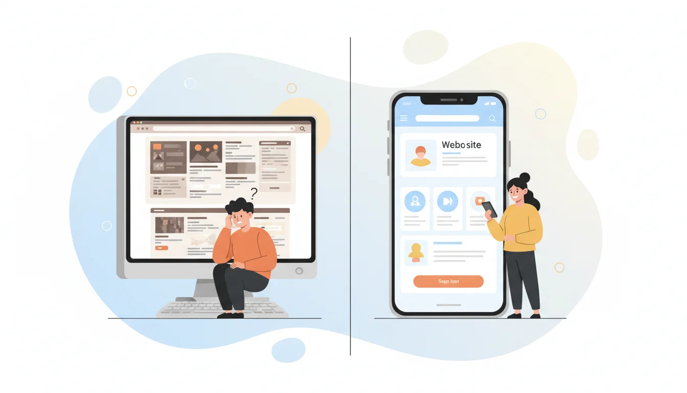 A split screen showing a clunky, desktop-first website on one side and a sleek, fast-loading mobile site on the other, with a happy user on the mobile side.