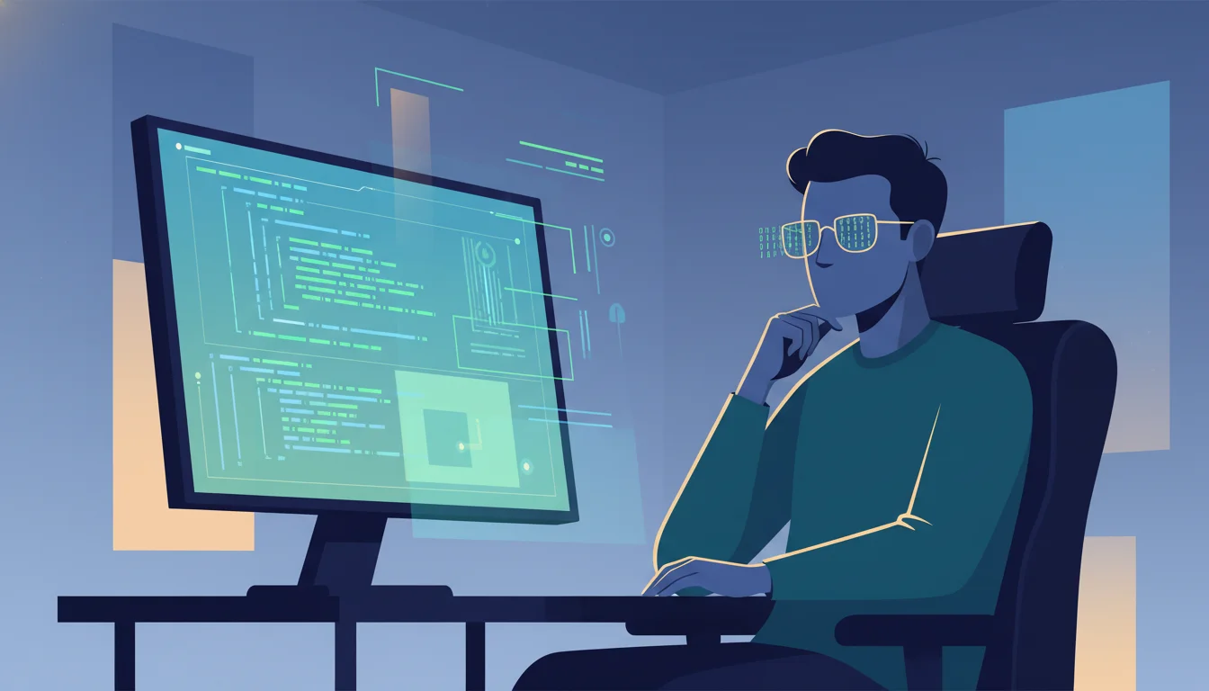 A developer sitting in a dimly lit room, looking thoughtfully at a screen filled with complex code, with lines of data reflected in their glasses.