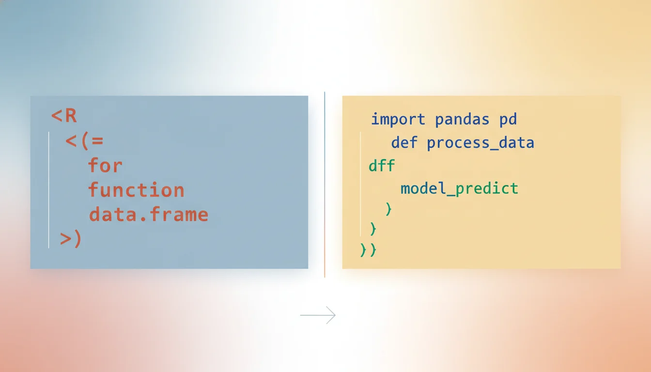 A side-by-side comparison of the old R code and the new AI-generated Python code, showing the modernization.