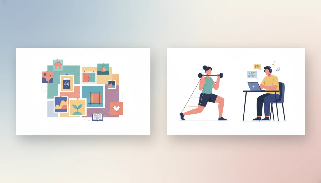 A split image. On the left, a colorful but static vision board. On the right, a person actively working out or learning a new skill.