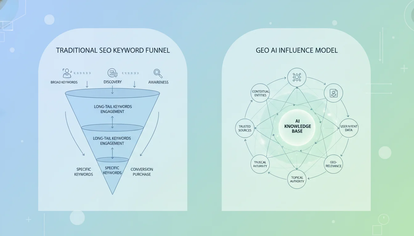 A conceptual diagram comparing traditional SEO keyword funnels with the new GEO model of influencing an AI's knowledge base.
