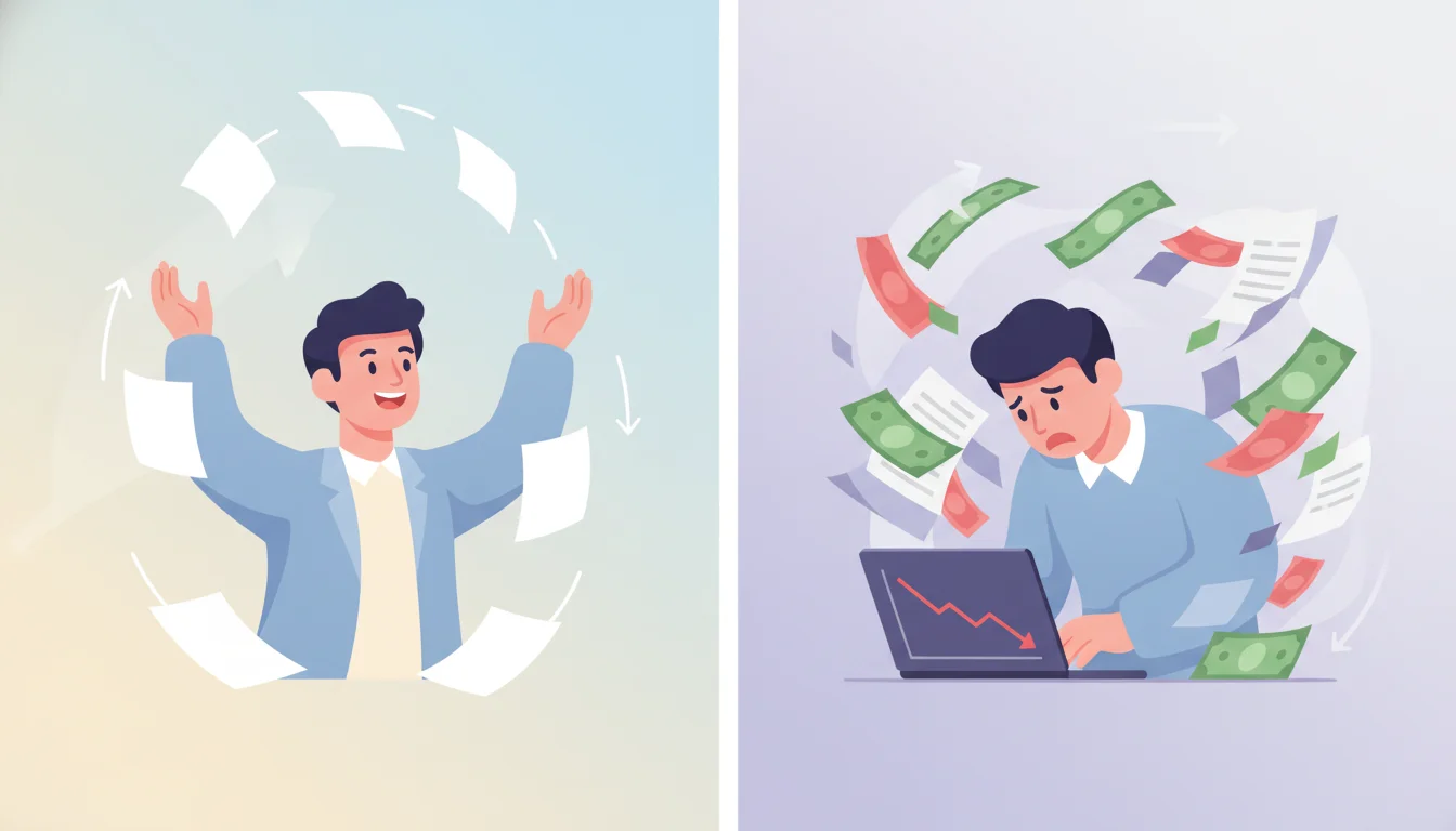 A split-screen image. On the left, a person joyfully throwing papers in the air. On the right, the same person looking stressed, surrounded by bills and a laptop showing a declining graph.