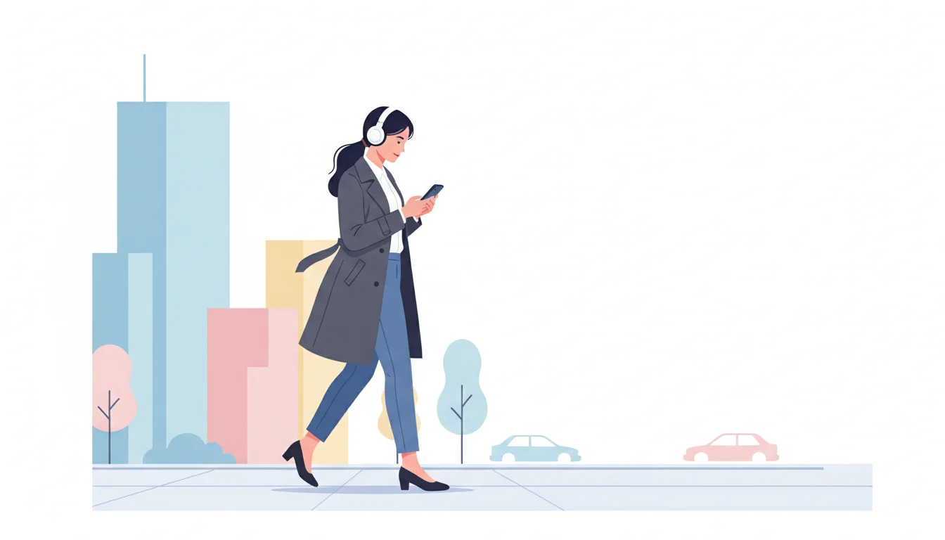 A modern city street scene with a young woman walking, looking at her phone with headphones in, oblivious to her surroundings.